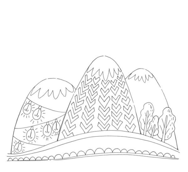 Cartoon mountains. Merry Christmas Coloring page. Black and white background. Coloring page for kids.