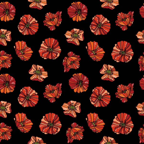 暗い背景に赤い線形のケシの花とシームレスなパターン — ストックベクタ