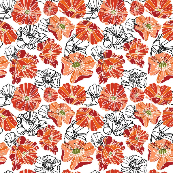 赤線形のケシの花とシームレスなパターン — ストックベクタ