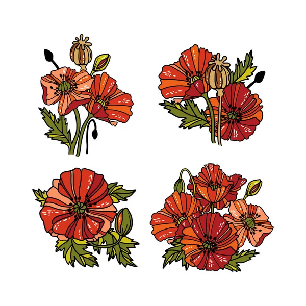 線形のポピーの花のセット — ストックベクタ