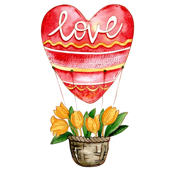 Καρδιά αερόστατο θερμού αέρα με κίτρινα λουλούδια σε ένα καλάθι — Φωτογραφία Αρχείου