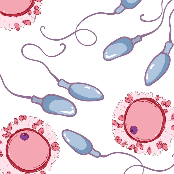 Latar belakang dengan sperma dan telur. Proses fertilisasi - Stok Vektor