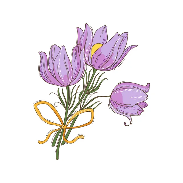 Ramo Flores Primavera Pulsatilla Con Cinta Amarilla Ilustración Vectorial — Vector de stock