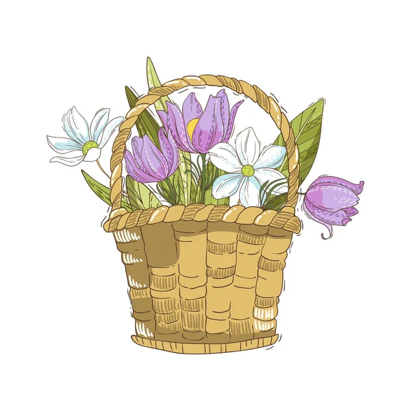 Καλάθι Κινουμένων Σχεδίων Ανοιξιάτικα Λουλούδια Που Απομονώνονται Λευκό Φόντο Εικονογράφηση — Διανυσματικό Αρχείο
