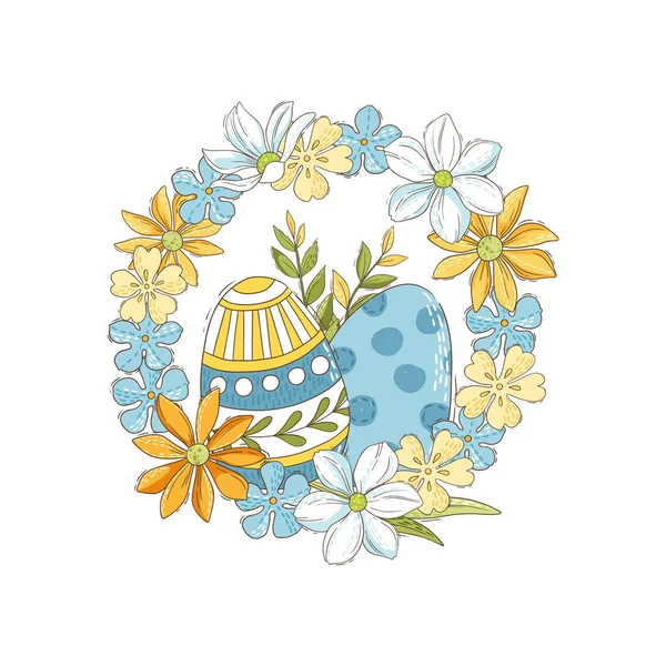 卵と春の花とイースター花輪 ベクターイラスト — ストックベクタ