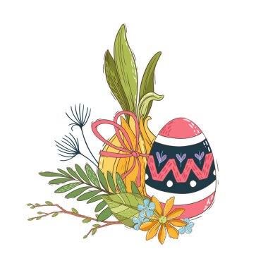 Beyaz arka planda çiçekli, soğanlı ve yapraklı Paskalya yumurtası. Vektör illüstrasyonu