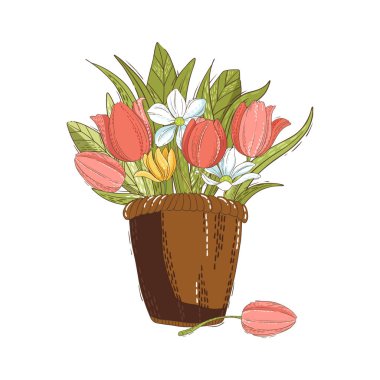 Beyaz arka planda izole edilmiş laleleri olan çizgi film sepeti. Vektör illüstrasyonu
