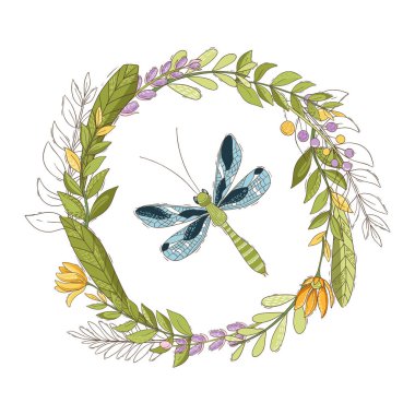 Çelenk ve yusufçuk ile yapraklar. Vektör illüstrasyonu