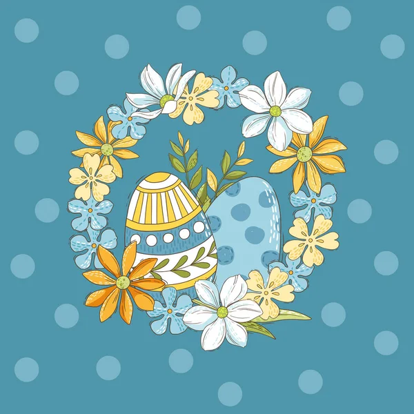 Пасхальный Венок Яйцами Весенними Цветами Векторная Иллюстрация — стоковый вектор
