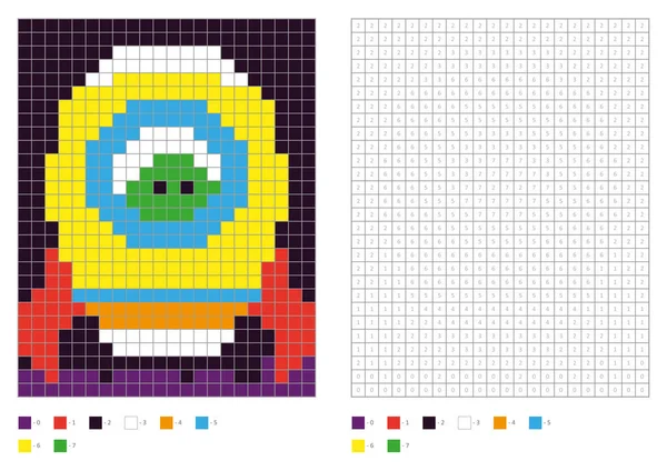 Kinder Malseite Pixel Färbung Raketenschiff Mit Grünem Alien Vektorillustration — Stockvektor