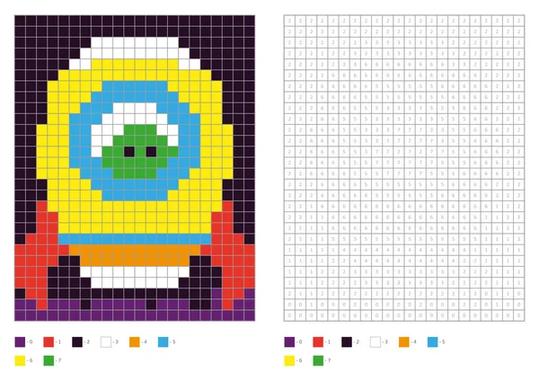 Crianças Colorir Página Pixel Colorir Foguete Com Alienígena Verde Ilustração —  Vetores de Stock