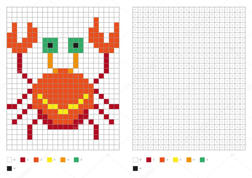 Kids coloring page, pixel coloring cartoon crab. Vector illustration