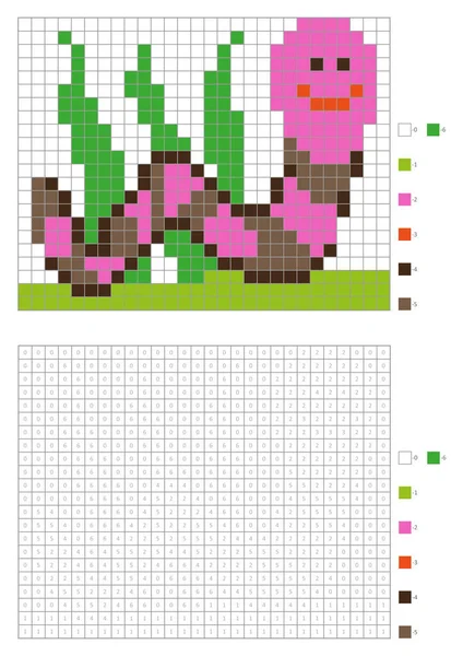 Kinder Malseite Pixel Färbung Cartoon Regenwurm Vektorillustration — Stockvektor