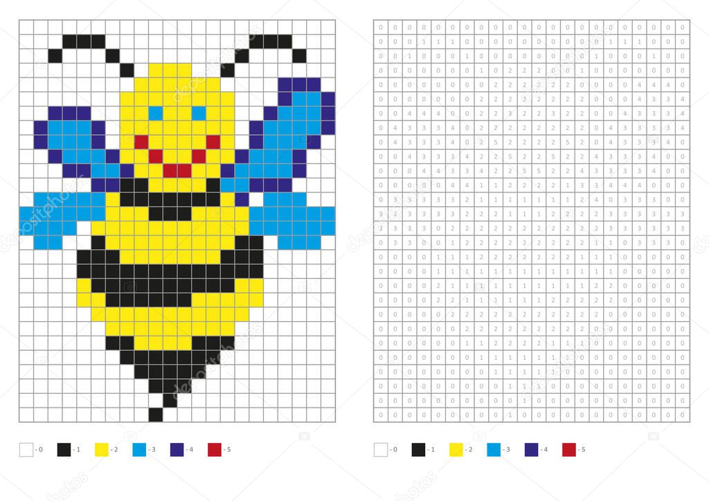 Kids coloring page, pixel coloring cartoon bee. Vector illustration