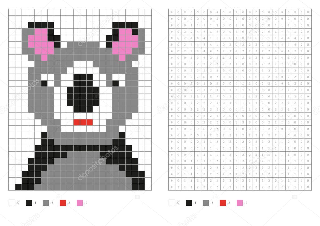 Kids coloring page, pixel coloring cartoon koala. Vector illustration