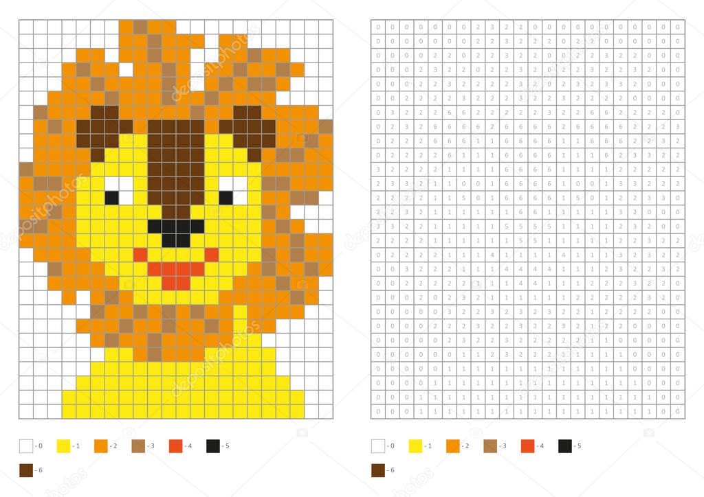 Kids coloring page, pixel coloring cartoon lion. Vector illustration