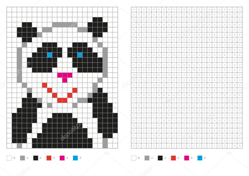 Kids coloring page, pixel coloring cartoon panda. Vector illustration