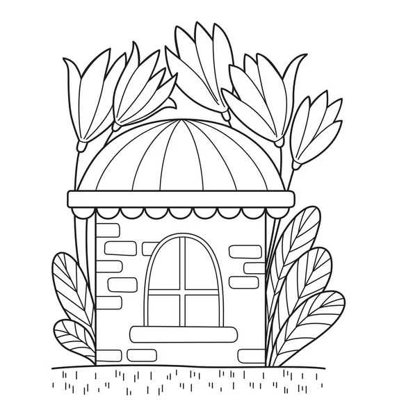 Dibujos Animados Para Colorear Página Con Linda Casa Flor Hadas — Vector de stock