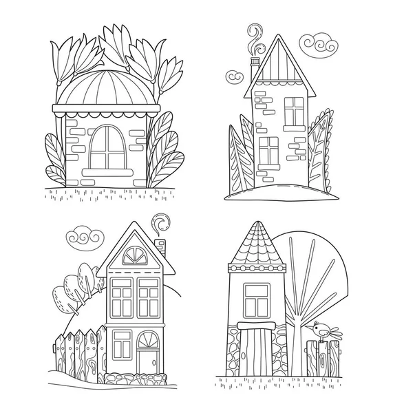 Set Four Cartoon Coloring Page Cute Houses Vector Illustration — Stock Vector