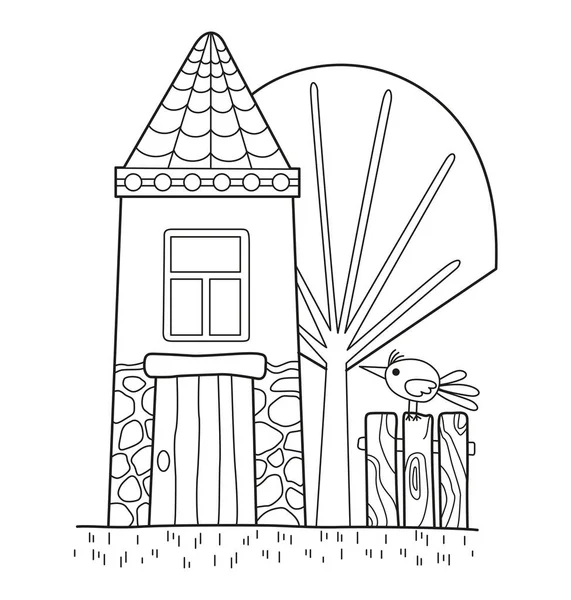 かわいい家と妖精の鳥と漫画の着色ページ ベクターイラスト — ストックベクタ