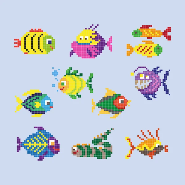 Definir Pixel Fish Vida Selvagem Ilustração Vetorial —  Vetores de Stock