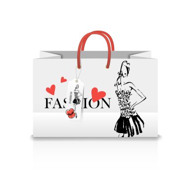 Bir haberi - moda illüstrasyon ile alışveriş çantası. mürekkep kroki