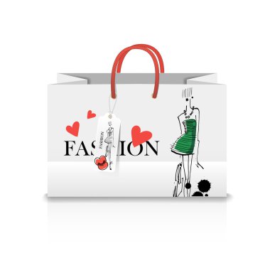 Bir haberi - moda illüstrasyon ile alışveriş çantası. mürekkep kroki