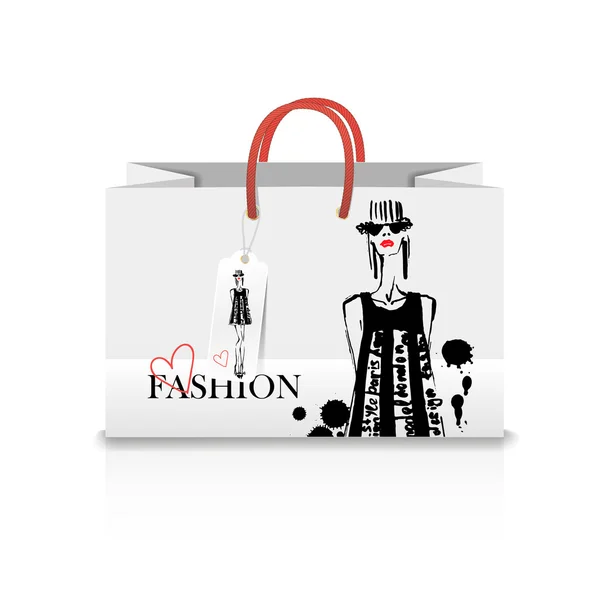 Shopping Bag con stampa - Illustrazione di moda. schizzo inchiostro — Vettoriale Stock