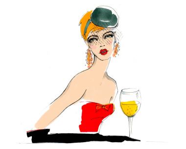 Bir peçe ve kırmızı bir elbise ile şapkalı kız.