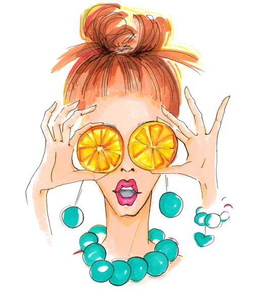 Смішна Дівчина Використовує Апельсин Окуляри Ізольованому Білому Тлі — стокове фото