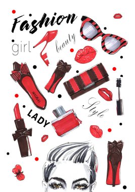 Bir çanta ile moda kız dudakları ve ayakkabı