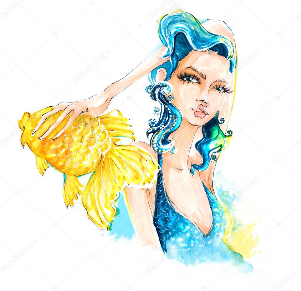 Girl with blue hair and gold fish in his hand.
