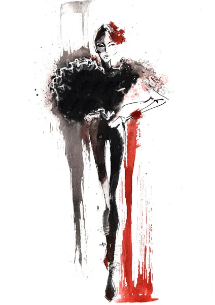 Fille, mannequin, dessin à l'encre rouge et noire . — Photo