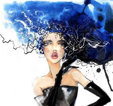 Eldiven ve dağınık saç, illüstrasyon maskara ile şık kız.