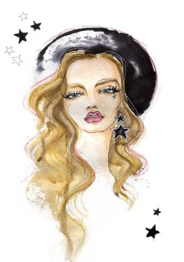 Küpe moda bir kızla portresi.