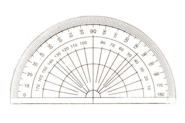 Mathematik der alten Schule. Winkelmesser, der in der Konstruktion und im technischen Zeichnen verwendet wird. Plastik. Isoliert auf Weiß. — Stockfoto