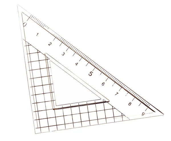 Stare wyposażenie matematyczne. Zestaw trójkąt kwadratowy stosowany w inżynierii i rysunku technicznego. Plastikowe. Odizolowane na biało. — Zdjęcie stockowe