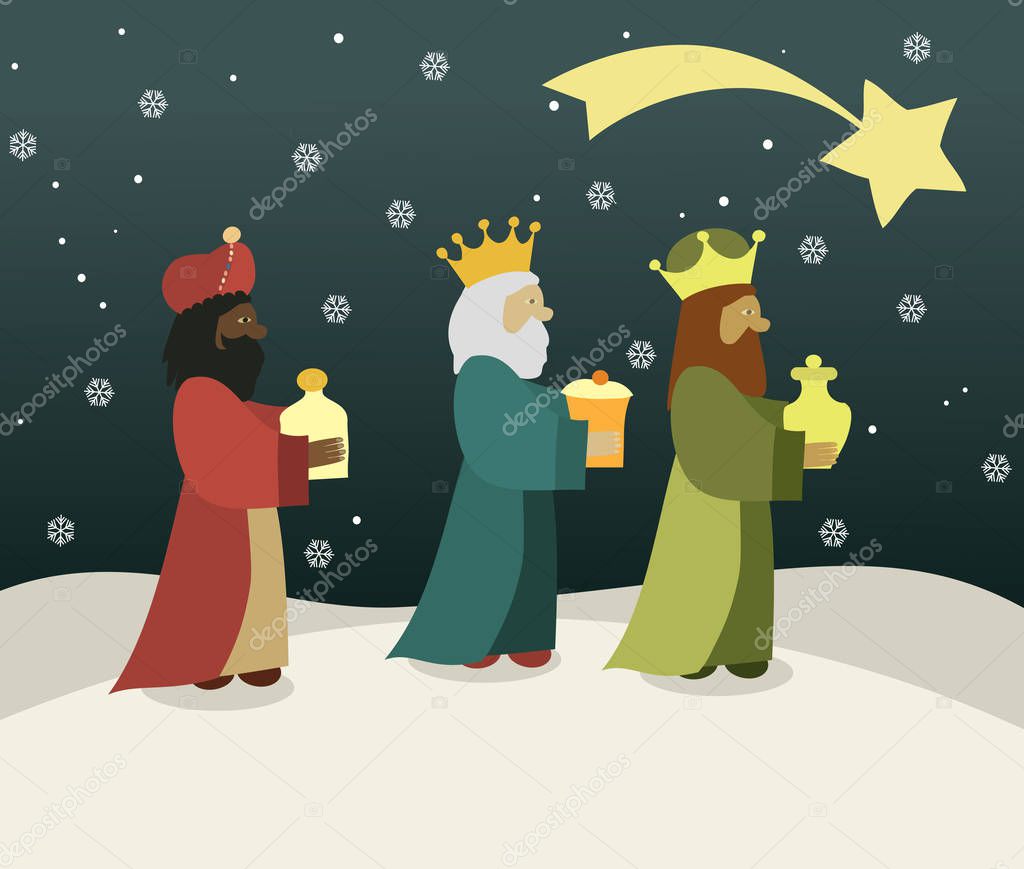 Three wise men bring presents to Jesus