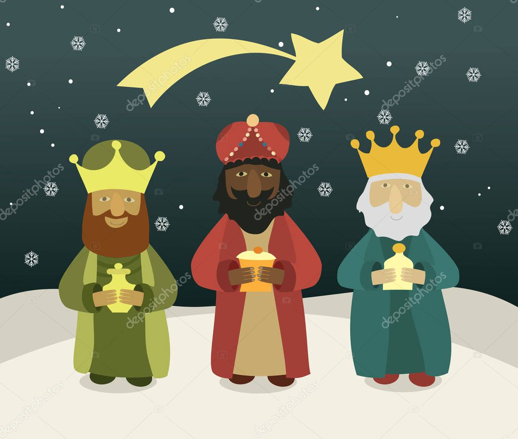 Three wise men bring presents to Jesus