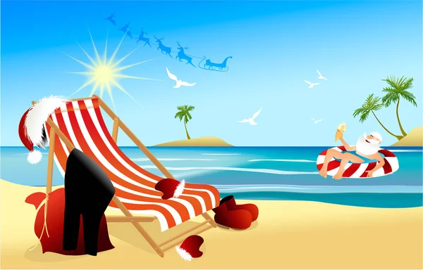 Fondo Navidad Tropical Con Santa Claus Relajante — Vector de stock