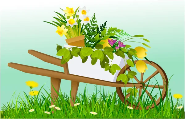 Natur Frühling Hintergrund Mit Schubkarre Und Gartenpflanzen — Stockvektor