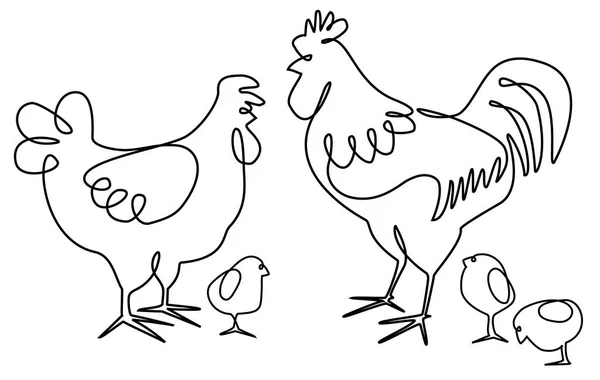 Hahn Henne Und Hühner Eine Linie Zeichnung Entwurf — Stockvektor