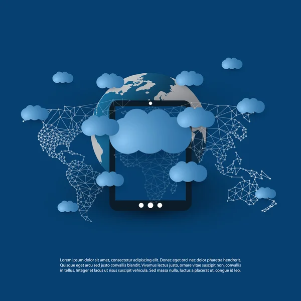 Computación en la nube abstracta y diseño de conceptos de conexiones de red global con globo terráqueo, tableta digital, dispositivo móvil inalámbrico, malla geométrica transparente — Vector de stock