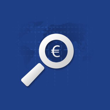 İş analizi, denetim veya mali rapor simgesi, bulgular Euro simgesi ve Büyüteç simgesiyle