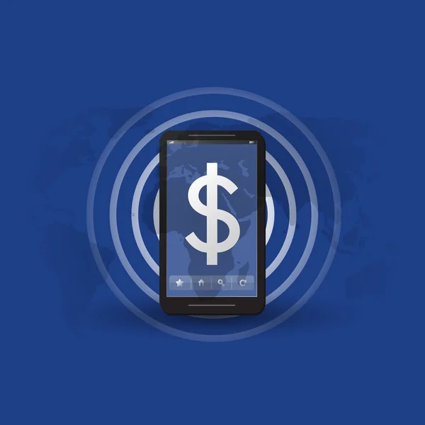 Online fizetés vagy a jövedelem fogalmát, üzenetjelző dollár jel jelenik meg a képernyő-ból egy mozgatható berendezés — Stock Vector