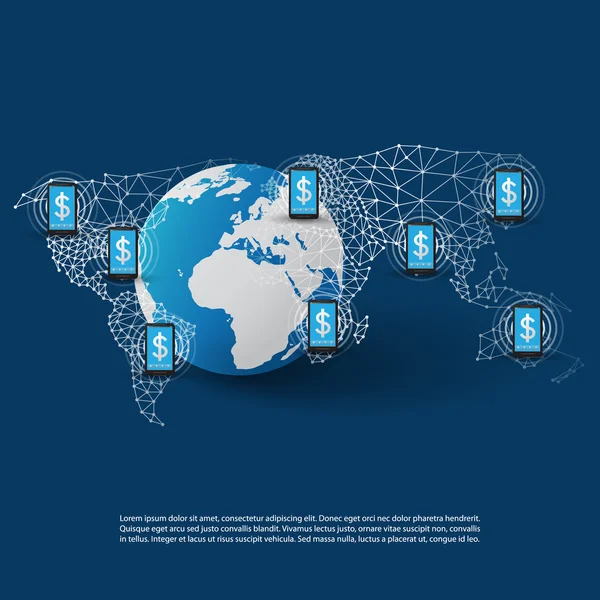 全球在线移动支付系统概念、 世界范围内交易、 连接和网络 — 图库矢量图片