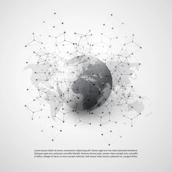 Вычисления и сети с мировой картой - абстрактные глобальные цифровые сетевые связи, технология, фон, шаблон элемента креативного дизайна с геометрическим серым цветом. — стоковый вектор