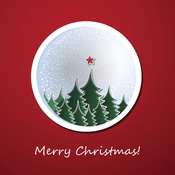 Χριστουγεννιάτικο φυλλάδιο ή σχέδιο του εξωφύλλου με Χριστουγεννιάτικο δέντρο σε ένα δάσος και κόκκινο φόντο — Διανυσματικό Αρχείο