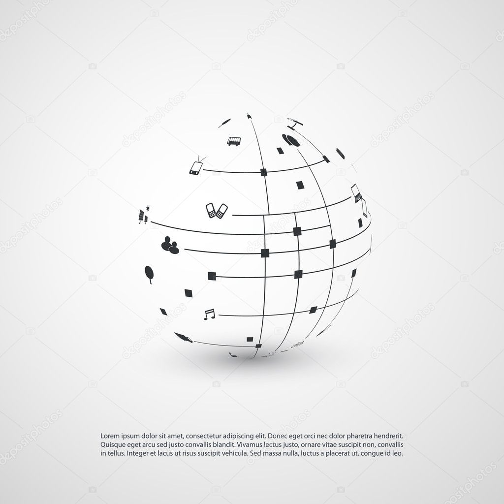 Minimal Cloud Computing, Digital Networks Structure, Telecommunications Concept Design, Modern Style Global Network Connections, Transparent Geometric Globe Wireframe With Icons - Vector Illustration