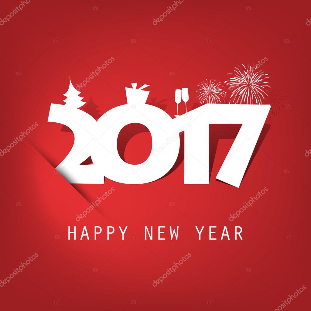 Simple White And Red New Year Card, Cover or Background Design Template With Holiday Icons - 2017